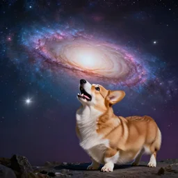 a corgi the size of a galaxy, barking at it the milky way galaxy. beautiful gradient multicolored space starry background ted cruz good luck lol