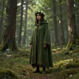 forest person, cloak, small flower crown, in an open forest, by Greg Rutkowski, trending on artstation, unreal engine, 4k, digital art