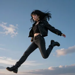 1 7 - year - old pale - skinned persian girl with black long bob cut, long bangs, black gothic jacket, black jeans, flying through sky, ultra - high jump, late evening, blue hour, cirrus clouds, pearly sky, ultra - realistic, sharp details, subsurface scattering, blue sunshine, intricate details, hd anime, 2 0 1 9 anime