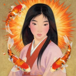 portrait of mulan, koi fish, orange spike aura in motion, floating pieces, painted art by tsuyoshi nagano, greg rutkowski, artgerm, alphonse mucha, spike painting