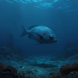 Alien-like fish swimming underwater on the ocean bed on an alien world, deep blue water color, cinematic perspective, matte painting, Artstation, H 768
