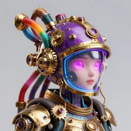 awardwinning photo of a steampunk avatar, wearing a glowing purple and golden metallic futuristic helmet with multicolored tubes and shiny metallic gears, 3 d render, crisp, 8 k, fluorescent colors, insanely integrate, nikon photography