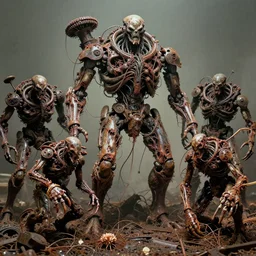 movie still of flayed god machines, each battle chaos crustacean revenants, intricately macerated by age, sentient, dethroned goliath machine, blood turbines, hydrocracking battles, rusted, macerated, eviscerated by fimbria wires, bicornate fungal pit, trash patina sheen rotting, by alberto bontempi, alex ross