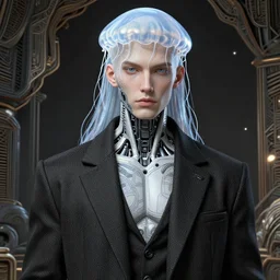 portrait of an absurdly handsome, clean shaven, sophisticated, fashionable male cyberpunk mechanoid, hyperdetailed illustratio, matt wisniewski style, intricate linework, male fashion photography, porcelain skin, jellyfish headband, unreal engine 5 highly rendered, artstation, radiant light, detailed and intricate environment