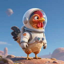 a lonely chicken wearing a space suit without helmet in a alien planet, profile picture, digital art, concept art, trending on DeviantArt, highly detailed, high quality, 4K, cartoon, high coherence, path traced, blue sky in the background, octane render, digital painting, no helmet, masterpiece, anatomically correct