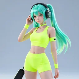 anime girl with glowing neon hair wearing fit neon clothing and headphones while holding a laptop, WLOP, concept art, digital painting, trending on artstation, highly detailed, epic composition, 8k UHD