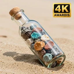 a long glass bottle filled with coloured rocks, placed on the sand, photography, macro shot, award winning, 4 k