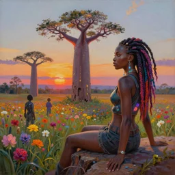 a voluptuous african cyberpunk woman with colorful dreadlocks sitting on a cliff overlooking a field of colorful flowers with a giant glowing baobab tree in the middle, it is sunset, by greg rutkowski and android jones and Alena Aenami in a surreal cyberpunk! style, oil on canvas, highly detailed face, 8k hd,