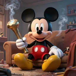 mickey mouse holding a giant joint while sitting on a couch in a messed up apartment, stoned eyes, smoke, amazing digital art, amazing detail, artstation, award winning, sharp