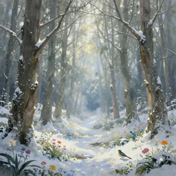An infinite snowy forest, flowers and birds, fantasy painting, light rays shining through, wide angle