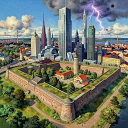 suomenlinna fortress, helsinki, finland, aerial photograph, hyper realistic, medieval painting, skyscrapers, futuristic, cyberpunk, studio ghibli, large and small, fibonacci, art nouveau, art deco, modernist, post - modernist, hypermodernist, psychedelic, dada, masterpiece, ornate, patterns, movies still, utopia, blue sky, beautiful lightning, green plants