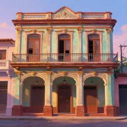 beautiful painting of cuban houses an storefront, colonial architecture, intricate detailed colors, front view, trending in artstation, animation style, dawn light, art style by disney and pixar