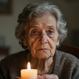 a close up portrait of one solitary old underweight lady frozen, energy crisis, full colour, hyper realistic photo, candle light, shallow depth of field, upscale, 8 k, masterpiece,