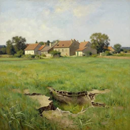 old village, field of grass, daytime, ground broken, noon, oil painting landscape by frazetta