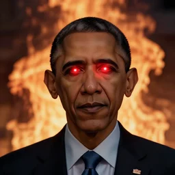 Obama red flashlight glowing eyes, hell flames are burning behind Obama, masterpiece, 40nm lens, 4k,