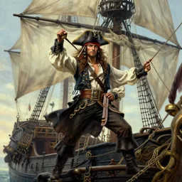 rgb, thin, amouranth, pirate clothes, on a pirate ship, amazing composition & dynamic posing, by franz xavier leyendecker, wlop! muted colors, highly detailed, fantasy art by craig mullins, thomas kinkade cfg _ scale 9