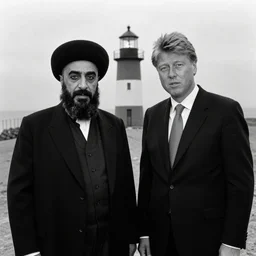 Saddam Hussein and Bill Clinton in The Lighthouse. Directed by Robert Eggers, black and white on grainy film, expressionist horror
