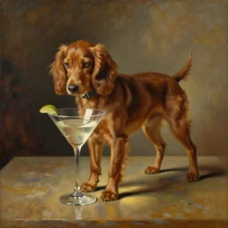 a brown Spaniel making a Martini. Dingey lighting, Artwork, classic, famous, style of Cassius Marcellus Coolidge.