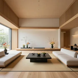 futuristic minimalist japanese living room, japanese flower arrangements, coherent composition, architecturally accurate, architecture photography, 8 k