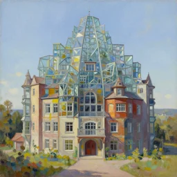 oil painting of glass castle, in bright sunlight, creation by tyler edlin