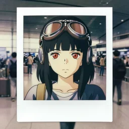 a polaroid full body portrait of a very shy 1 9 5 0's aviator 1 9 8 0's disney style girl, red eyes, finely detailed features, closeup at the faces, perfect art, in the airport yard, gapmoe yandere grimdark, trending on pixiv fanbox, painted by greg rutkowski makoto shinkai takashi takeuchi studio ghibli, akihiko yoshida,