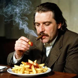 stalin eats french fries with ketchup while smoking cigar