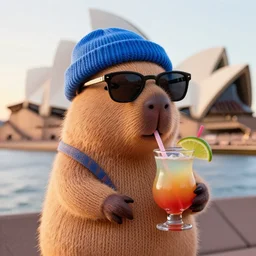 a photorealistic photograph of a knitted cute Capybara wearing sunglasses and dressed in a blue beanie cap. The subject is also sipping a refreshing Mai Tai cocktail drink while standing outside the Sydney Opera House during sunset. This 4K HD image is Trending on Artstation, featured on Behance, well-rendered, extra crisp, features intricate detail and the style of Unreal Engine.
