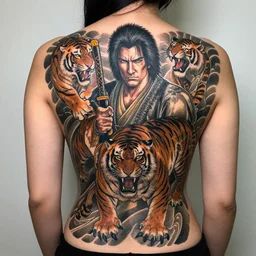 yakuza tattoos on a female back with intricate designs with tigers, featuring christopher walken as a samurai, amazing detail, sharp, dynamic lighting