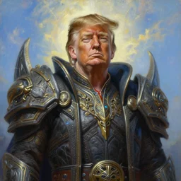 portrait oil painting, perfect expression, subconscious connects, purified consciousness, riddick, farscape, warcraft, great maga emperier god king donald j trump, fantasy character portrait, ultra realistic, wide angle, intricate details, mass effect, artifacts, luminous skies, highly detailed, michael cheval, peter mohrbacher, boris vallejo, jessica rossier, oil painting, highly detailed, cinematic lighting, unreal, natural tpose