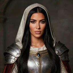 medieval portrait of kim kardashian dressed as a beautiful battle nun, in the style of eugene de blaas, perfect face,
