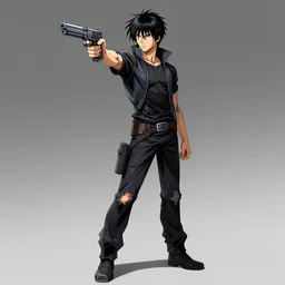 a full body shot of Rick Dekcard from Blade Runner pointing with his gun, by Tite Kubo, black hair, worn pants, highly detailed, artstation, manga