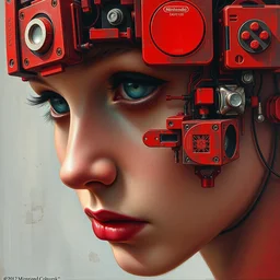 stunning person made out of red nintendo gamecube components, oil painting, quarter view, intricate design, greg rutkowski, trending on artstation