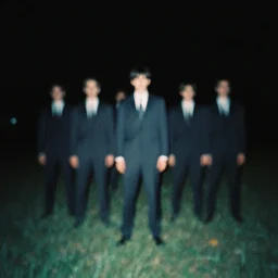 8 mm film still, blurry, grainy, liminal, unsettling, group of tall clone men in suits in a field at night, dark