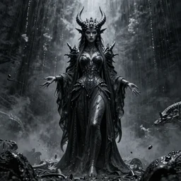 gorgeous lilith the mother of all monsters, black magic, raining ash, fine art masterpiece, highly detailed dino valls wayne barlowe machiej kuciara, dramatic lighting, long shot, wide angle, uhd 8 k, sharp focus