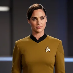 Gal Gadot, in Starfleet uniform, in the role of Captain Kirk in a scene from Star Trek the original series, Tribble episode