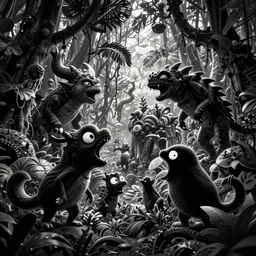 high contrast digital art of a surreal dark jungle, mysterious crazy world, talking creatures, night, fireflies, surreal colors