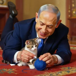 benjamin netanyahu smiling blushing while playing with a kitten on a carpet, lying on carpet, playing with yarn ball, rich vivid colors, warm, sharp, highly detailed, digital painting