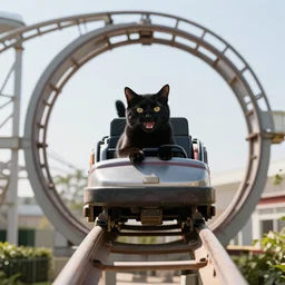 happy black cat on a rollercoaster looping. focus on the cat. sunlight. canon eos r 3, f / 1. 4, iso 2 0 0, 1 / 1 6 0 s, 8 k, raw, unedited, symmetrical balance, in - frame.