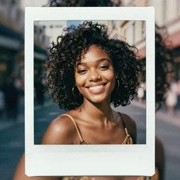 portrait of young beautiful black woman smiling in the sunlight, polaroid, instant photo, street photography, fashion photography