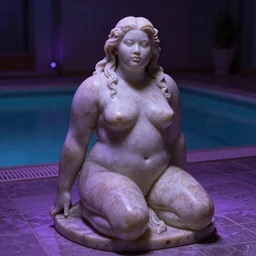 awe - inspiring award - winning frank frazetta marble statue of a chubby asian woman in a room with tiled surfaces and a swimming pool, realistic, photo real, smooth, sharp, intricate detail, dramatic lighting, extremely moody purple lighting, glowing light and shadow, atmospheric, shadowy, cinematic, 8 k