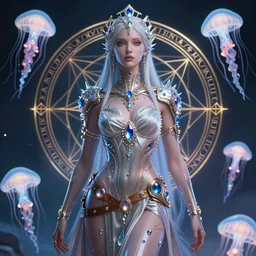 a centered render of an alluring majestic post apocalyptic cyborg goddess wearing flowing silk gemstones and crystals and leather clothing surrounded by bio - luminescent jellyfish and sacred geometry, perfect body and face, gorgeous, cinematic, beautifully lit, by artgerm, by karol bak, by donato giancola, 3 d, trending on artstation, octane render, 8 k