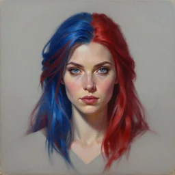 A detailed matte oil on canvas head on symmetrical portrait of a beautiful distinguished elven woman with red and blue hair on an empty background,  by Charlie bowater, Wlop, trending on artstationhd,  dungeons and dragons art,  half & half hair dye, parted,  half blue,  half red , split dye, critical role
