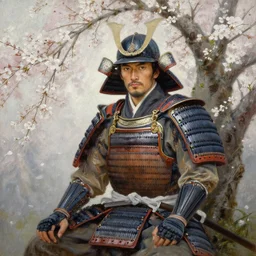 oil painting of a male samurai wearing armor while sitting under a cherry tree with white blossom. detailed face, greg rutkowski, edward robert hughes, tony sart