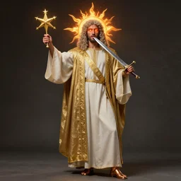 a handsome palestinian man wearing a long robe with a gold sash across his chest. his hair is like wool. his eyes were like flames of fire. his feet were like polished bronze. he held seven stars in his right hand, and a double edged sword came from his mouth. and his face was like the sun.