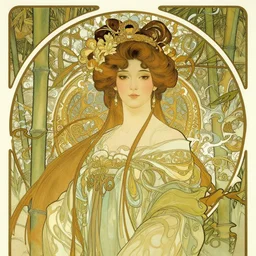 a beautiful portrait of an ancient chinese princess in the bamboo forest, flowing hair, fantasy, regal, intricate, art nouveau, swirly intricate linework background by stanley artgerm lau, greg rutkowski, victo ngai, alphonse mucha, loish, norman rockwell