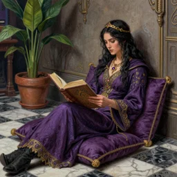 a pastel drawing of a woman wizard, ornate clothing, lounging on a purpur pillow on the marbled checkered floor in her study room reading an ancient tome. to the side is a potted plant, moody candlelit raytracing. ancient scifi fantasy setting. detailed face, sharp focus. by chie yoshii and charles vess