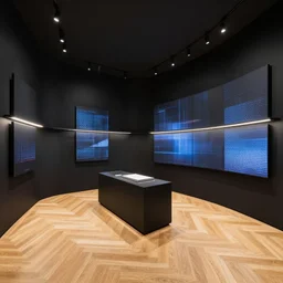 a futuristic store, oak parquet, black walls, digital screens