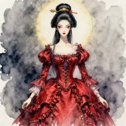 watercolor painting of an avant - garde japanese bjd geisha vampire queen with a long neck in a victorian red dress painted by z. w. gu, amy sol, tom bagshaw, intricate detail, artstation, artgerm, in the style of dark - fantasy, rococo, gold leaf art