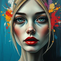 a hyper detailed and abstract portrait of a female model, bored eyes, cool expression, beautiful symmetrical face, award winning painting, brush splashes of vivid colors, artwork by chiara bautista and beksinski and norman rockwell and greg rutkowski, tom bagshaw weta studio, and lucasfilm