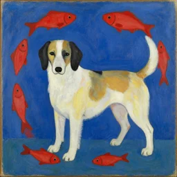 dog with red fishes, by matisse, oil on canvas